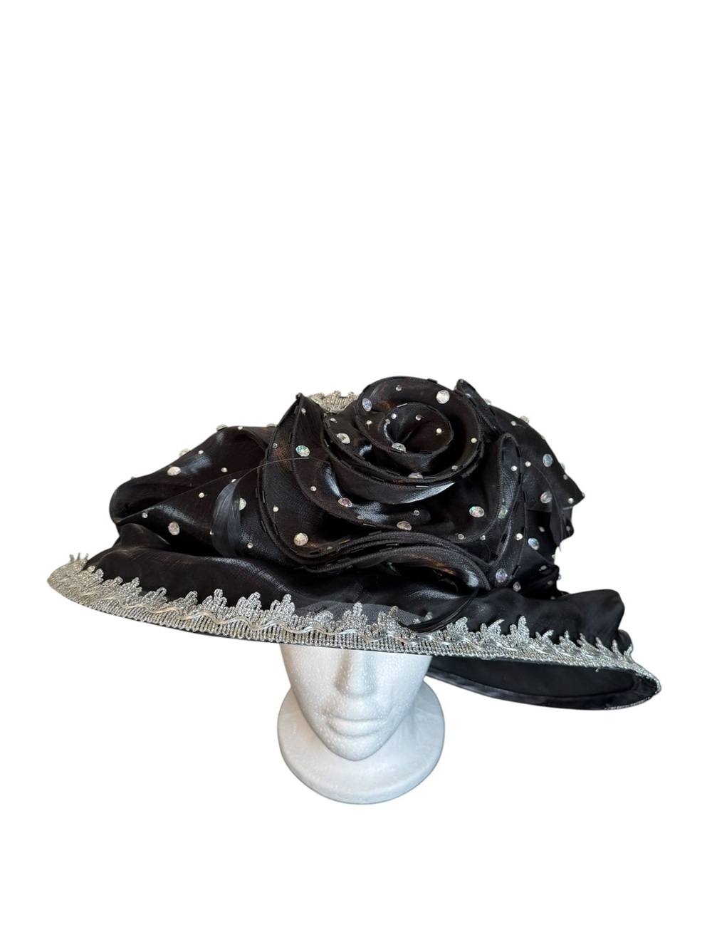 Vintage Something Special Black Derby Church Hat Rhinestone Rose Silver Trim